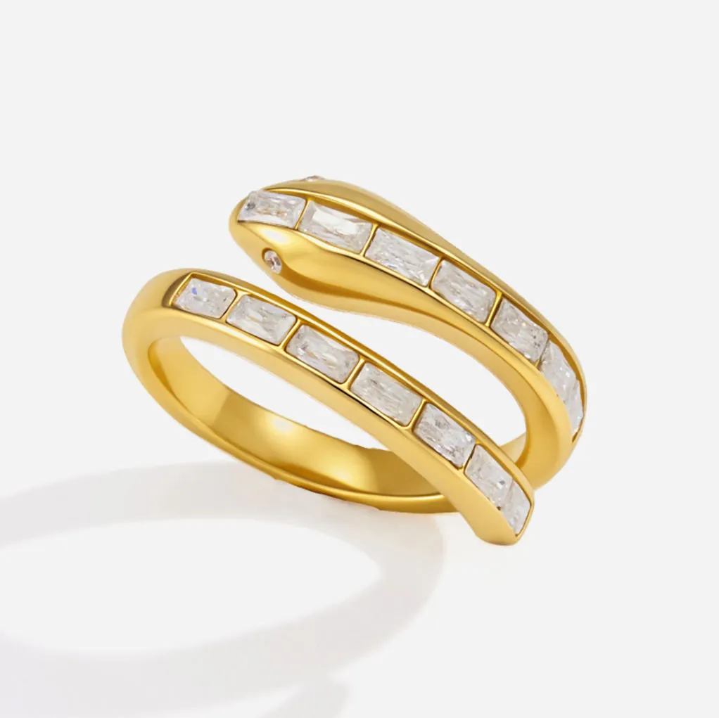 Vintage Snake Open Ring 18K Gold Plated Stainless Steel Adjustable Rhinestone Serpent Statement Band for Women