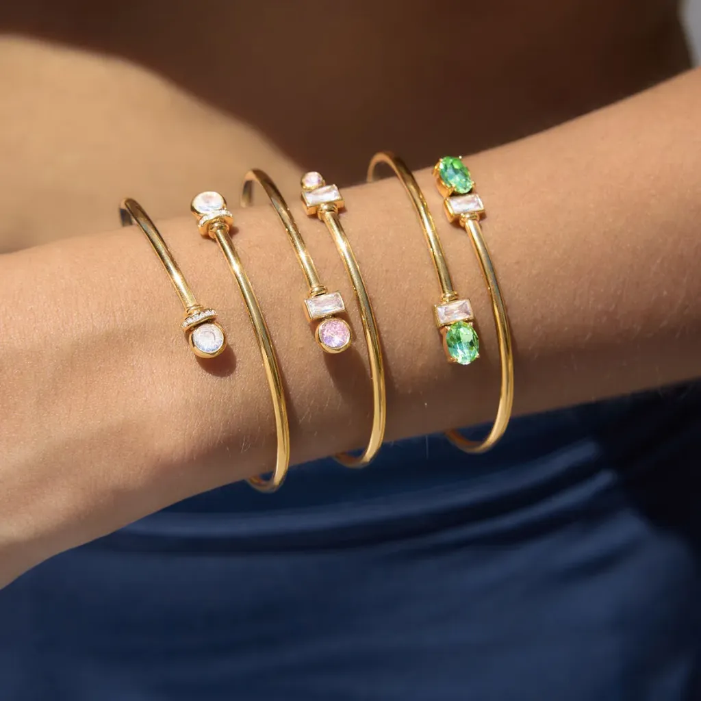 18K Gold Stainless Steel Flexible Multi Layer Crisscross Open Cuff Bracelet Colorful CZ Adjustable Hypoallergenic Jewelry