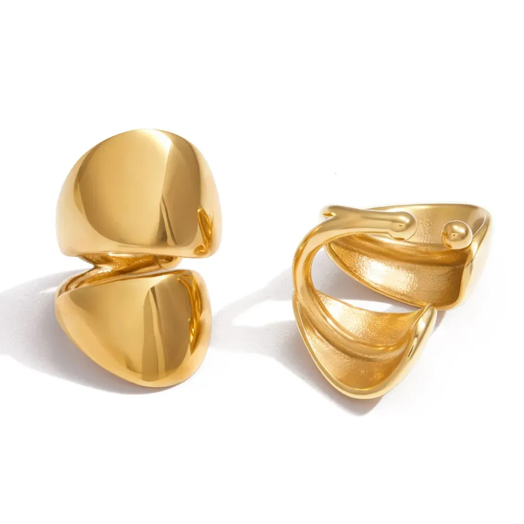 Double Layer Clip on Earrings for Women 18K Gold Plated Stainless Steel Wide Surface Cuff Elegant Non Pierced Jewelry