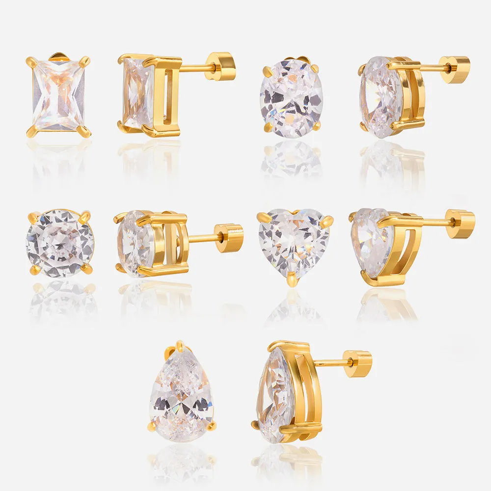 [VEE0308029-3] Luxurious Assorted Shape CZ Stud Earrings Comfort Fit Heart Ear Backs Surgical Steel Sleepers for Women Elegant Ear Jewelry (18K Gold, Drop)