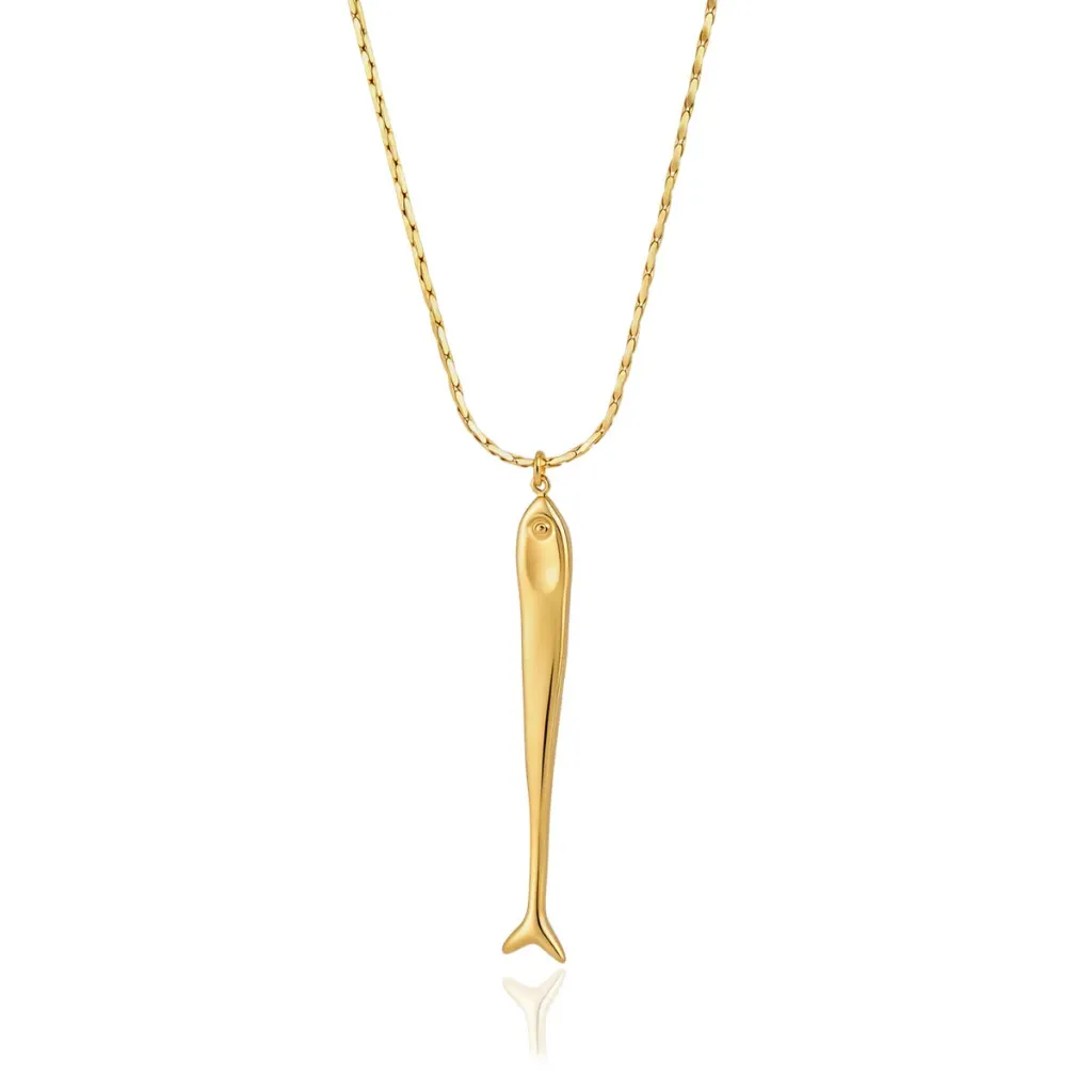 Ocean Style Long Fish Pendant Necklace 18K Gold PVD Stainless Steel Waterproof Jewelry for Women