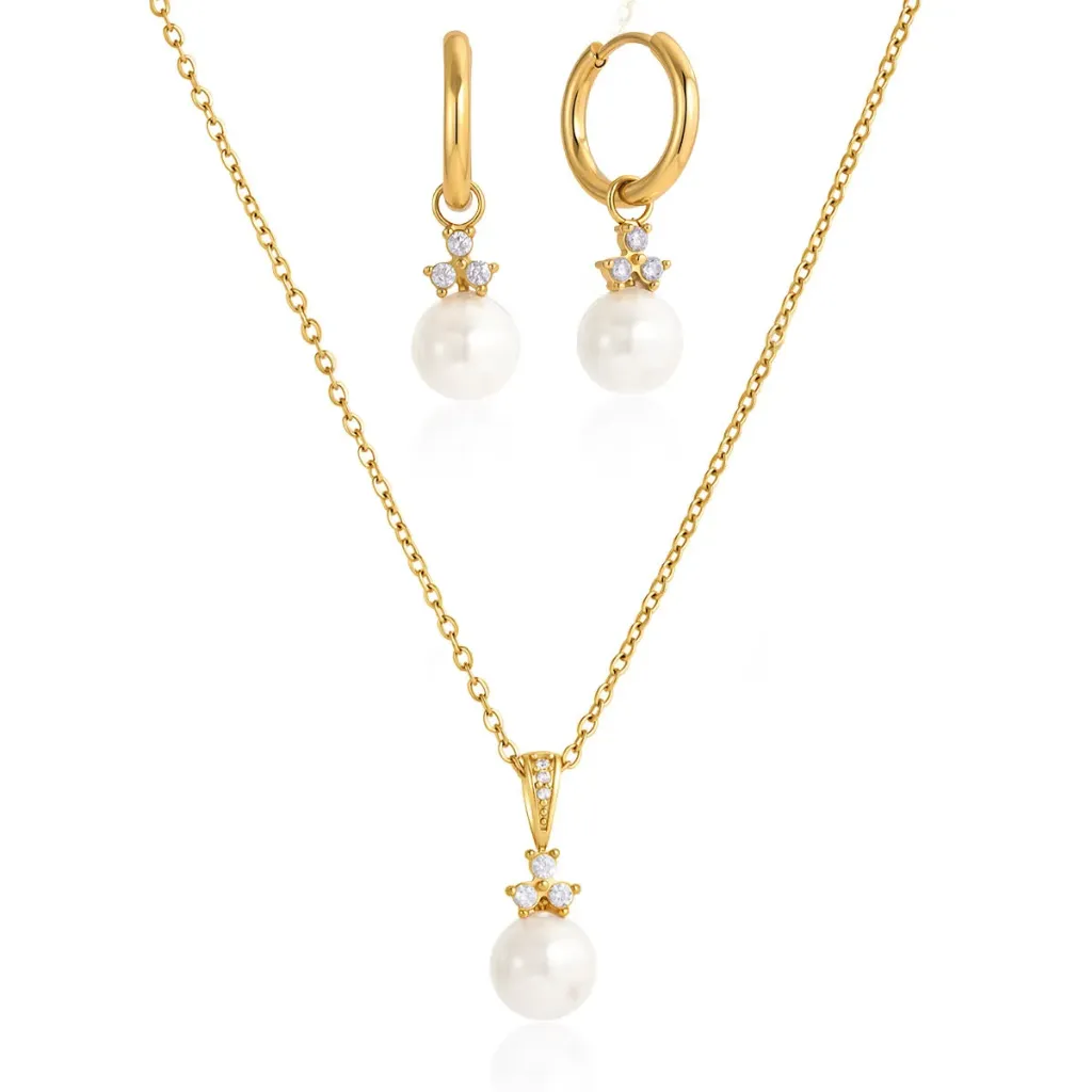 Elegant Shape 18K Gold Stainless Steel Zircon Shell Pearls Huggies Earrings O-Link Adjustable Necklace Set Gift