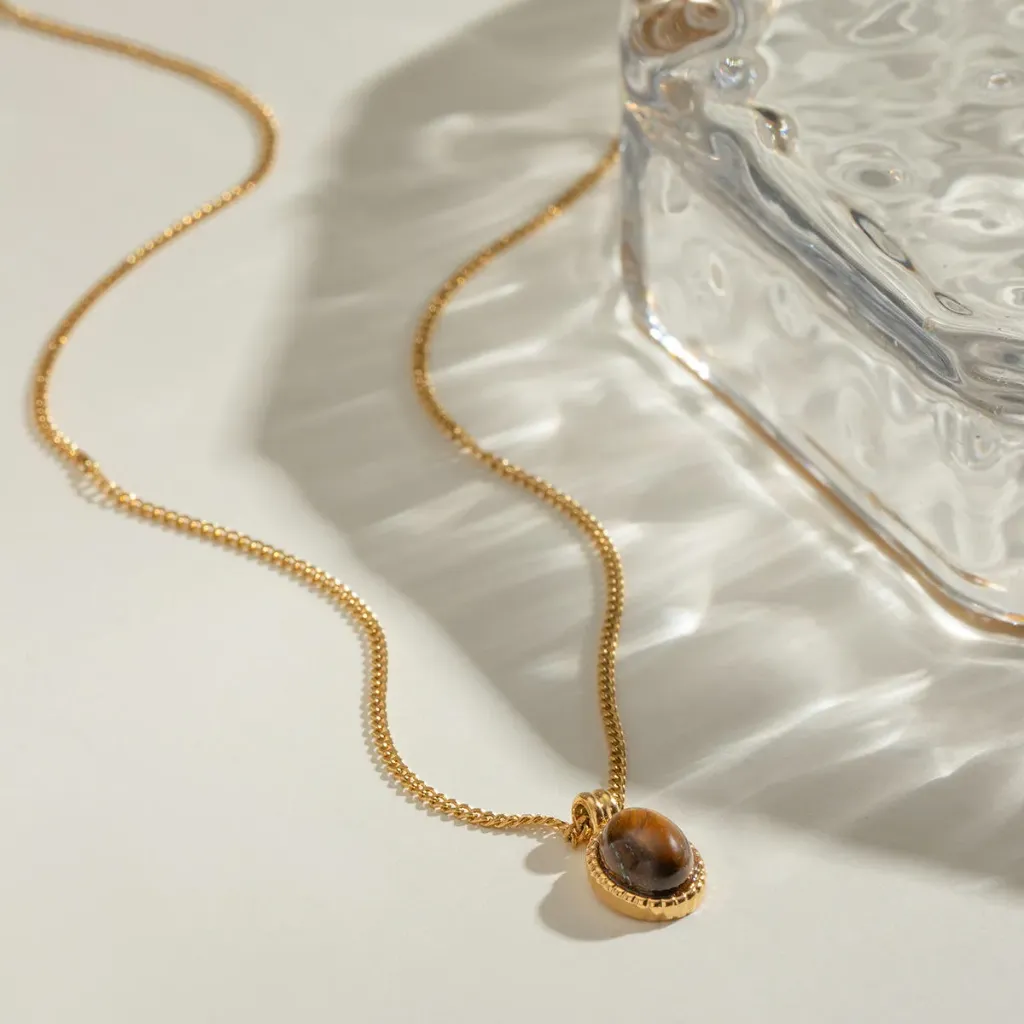 Stainless Steel Natural Stone Oval Tiger Eye Pendant Necklace Womens Luxury Bamboo Chain