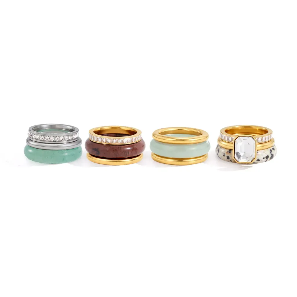 18K Gold Plated Stainless Steel Green Natural Red Jasper Spot Stone White Crystal Waterproof Layered Rings Gift Set