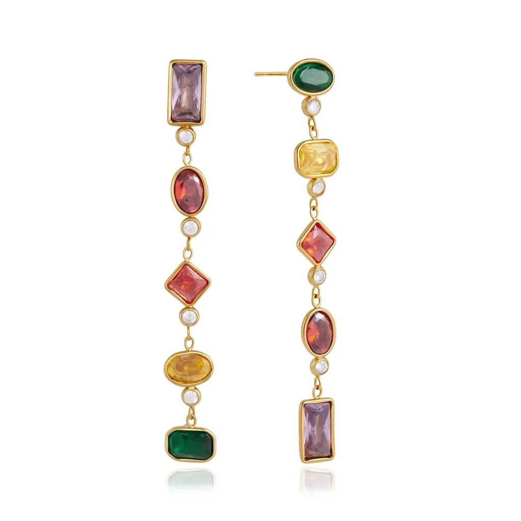 Asymmetric AB Colorful Geometric Zirconia Tassel Earrings Gold Plated Stainless Steel Waterproof Jewelry for Women