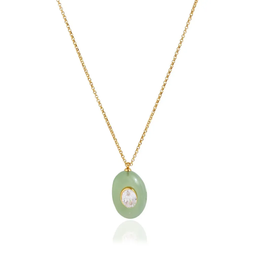 18K Gold Plated Stainless Steel Waterproof Green Resin Oval Pendant Necklace for Women Holiday Jewelry