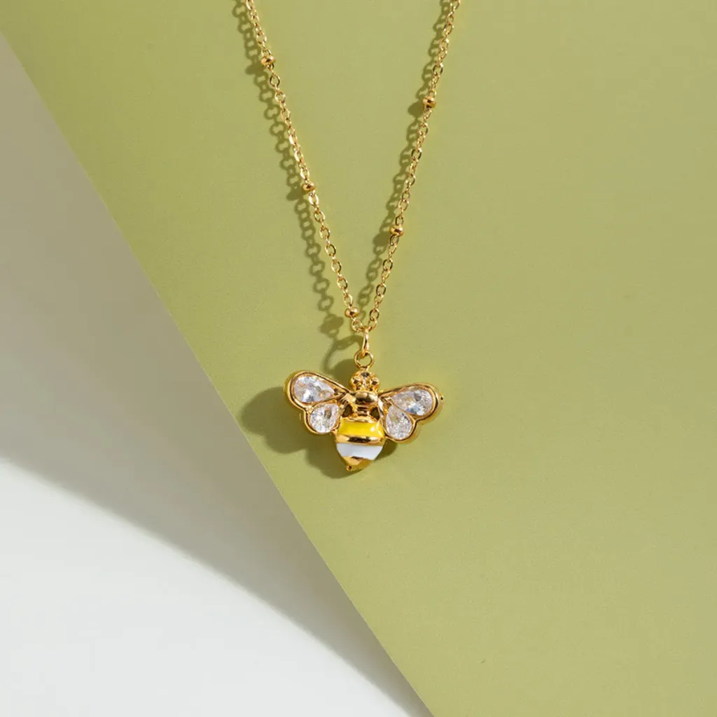 Cute Bee Animal Jewelry Set 18k Gold Plating Stainless Steel Yellow White Animal Bee Zircon Earring Bee Necklace Jewelry Set