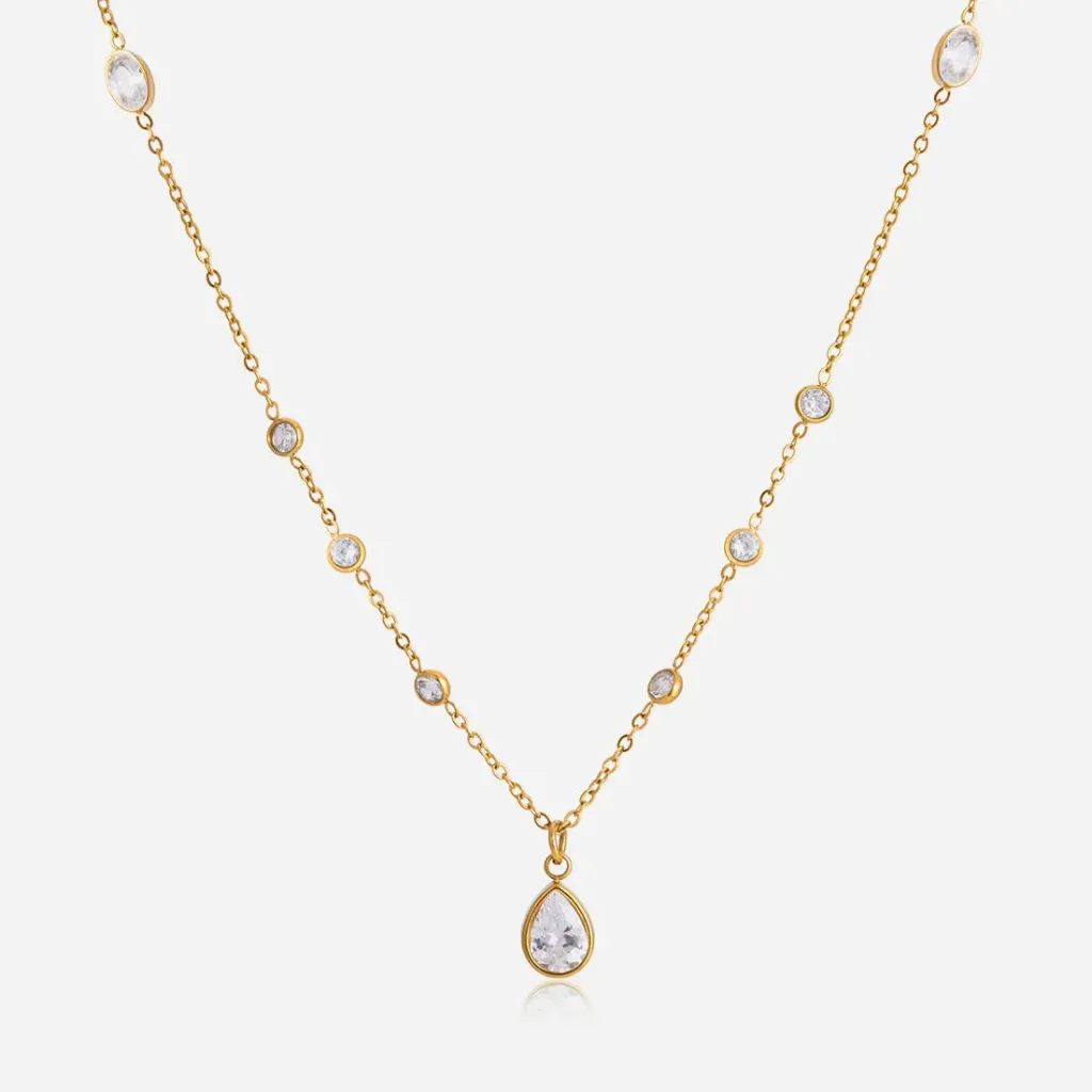 18K Gold Stainless Steel White Teardrop Zircon Pendant O-chain with Small Zircon Chain Necklace