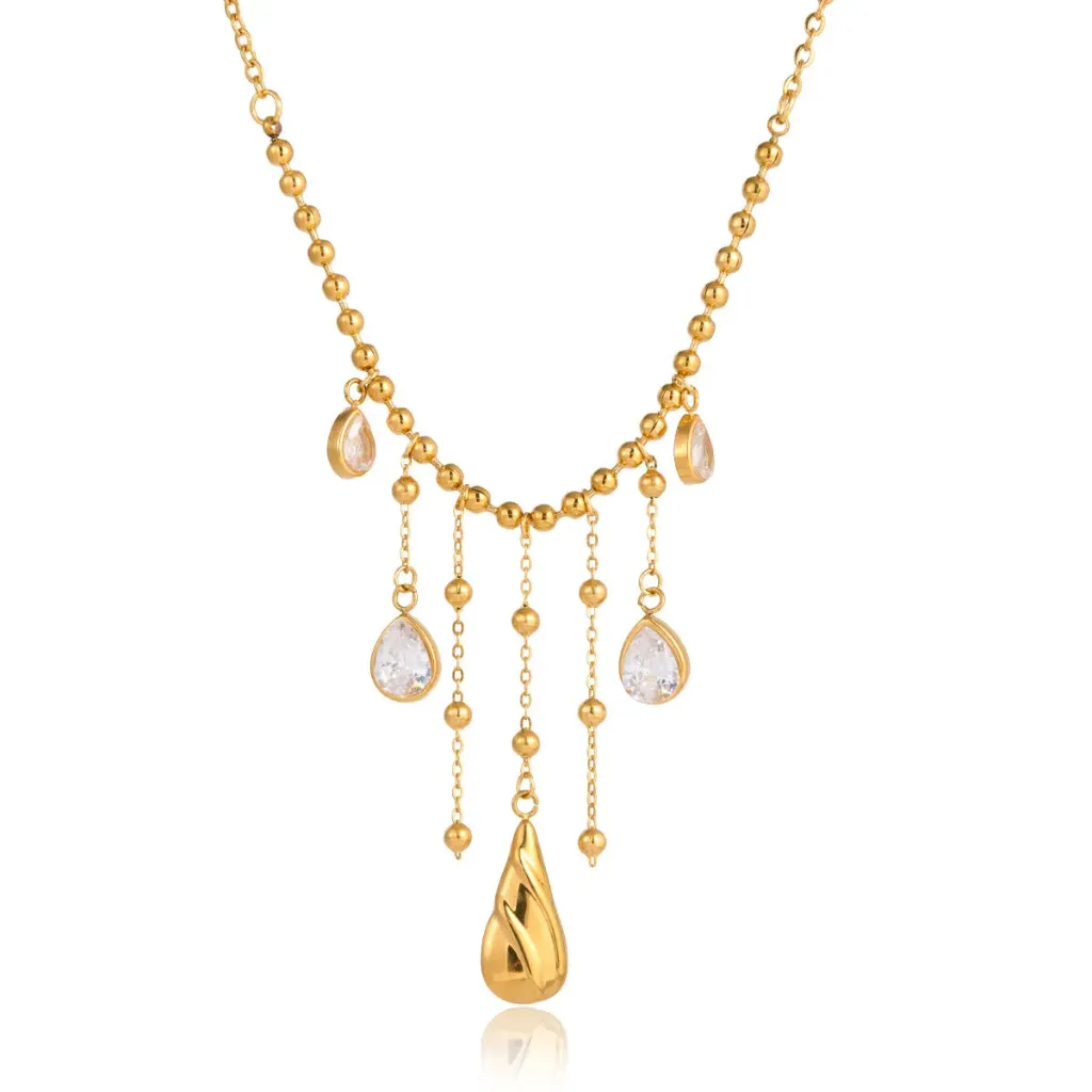18K Gold Plated Beaded O Chain Necklace with White Teardrop Zircon Tassel Pendant