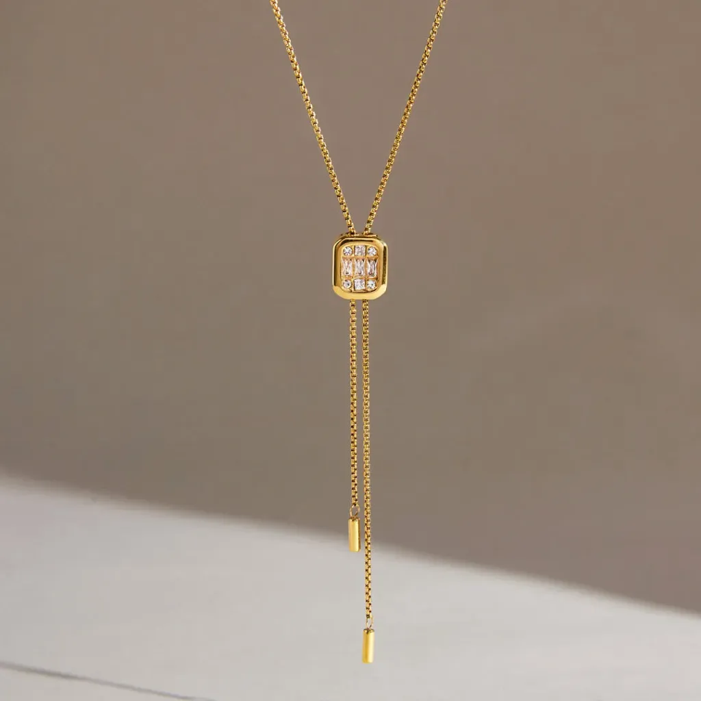 18K Gold Plated Stainless Steel Delicate White Rhinestone Square Adjustable Slide Necklace
