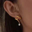 18K Gold Plated Stainless Steel Earrings Classic Linear Wavy Twisted White Rhinestone Stud Earrings