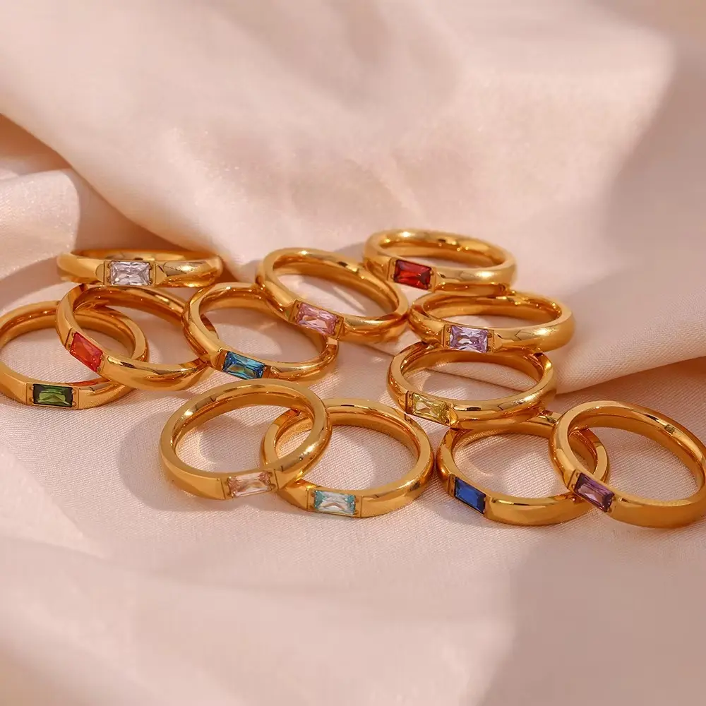 [R0025-WH] Rectangular Colorful Stone Rings (White)