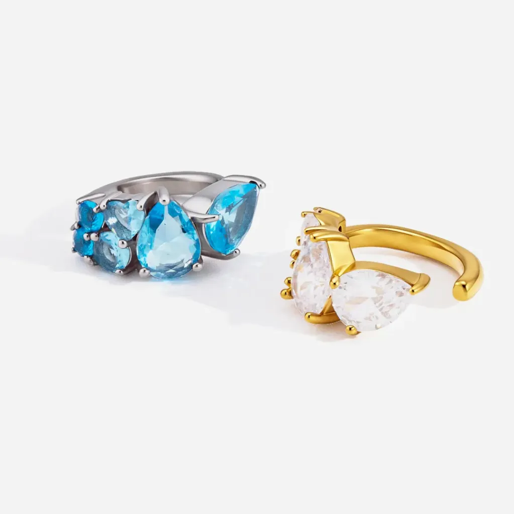 18K Gold Plated Stainless Steel White Blue Pear Round Zircon Waterproof Tarnish Cuff Earring Women Gift (Pack of 1)