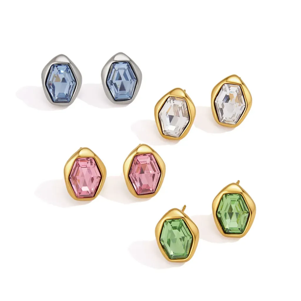 18K Gold Plated Stainless Steel Earrings Classic Geometric Hexagonal Glass Hammered Stud Earrings