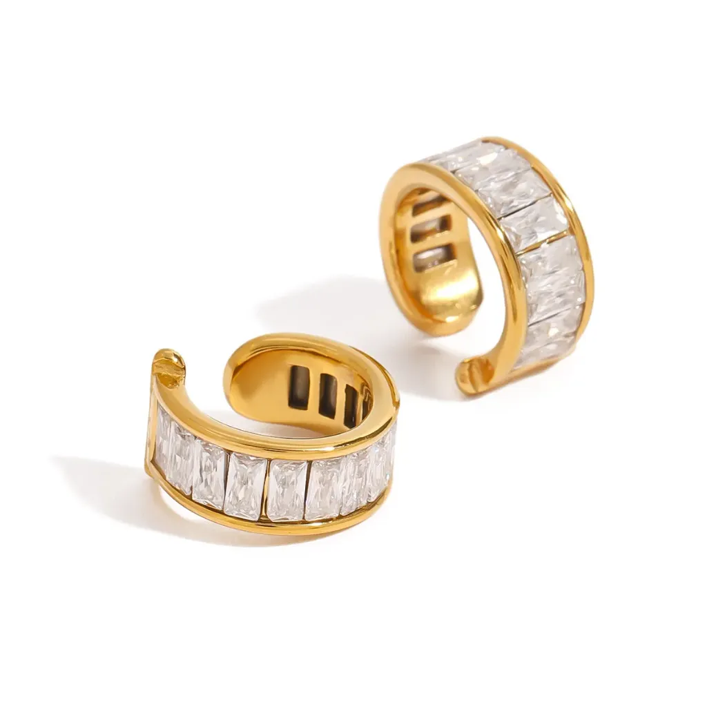White Diamond Square Water Stone Clip Earrings 18K Gold Stainless Steel One Pair Elegant Jewelry
