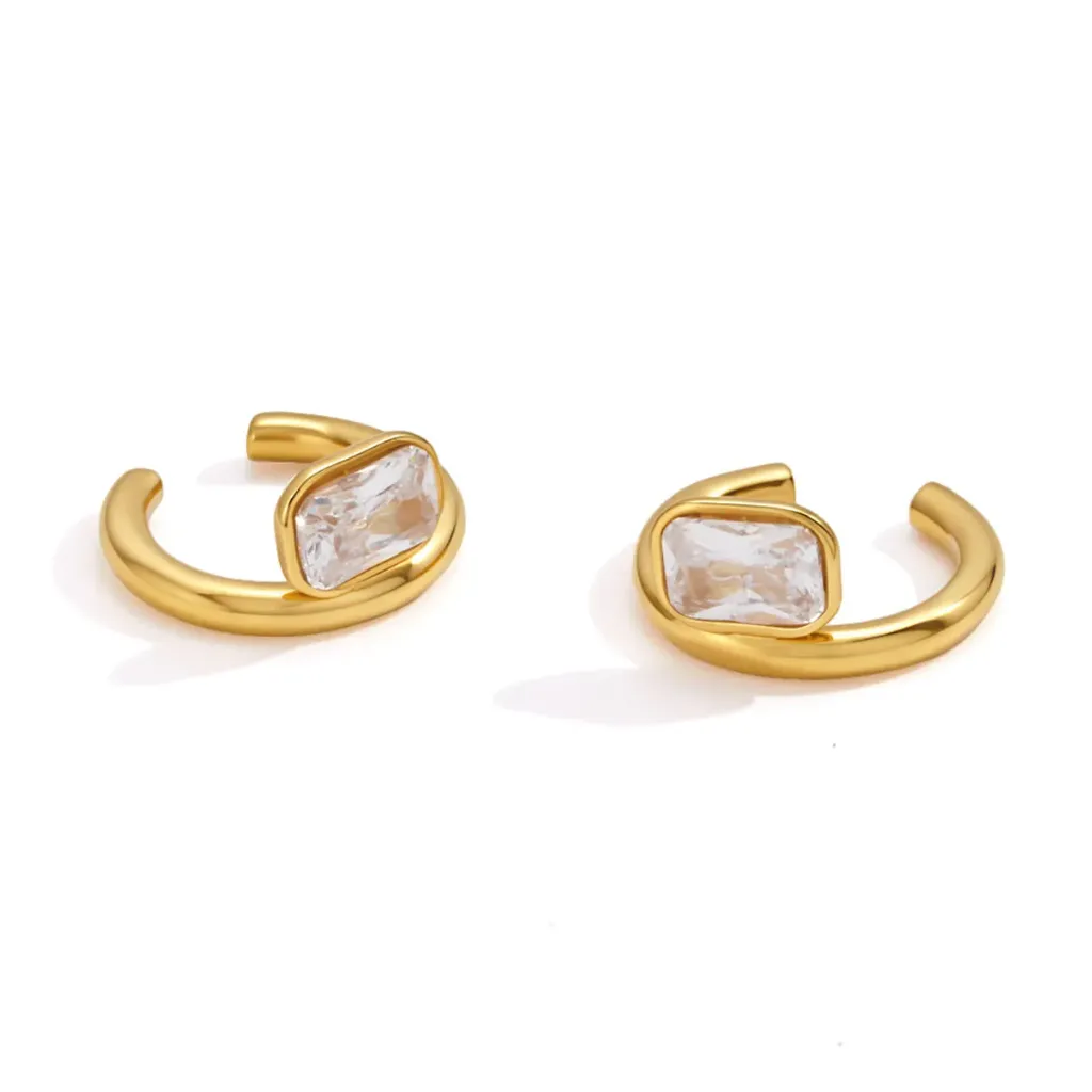 18K Gold Plated Stainless Steel Square White Zirconia Ear Clips for Women Classic Non Pierced Earrings Gift