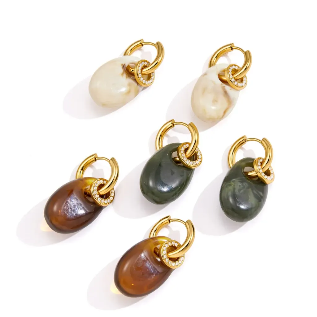 Amber Resin Hoop Earrings 18K Gold Plated Stainless Steel Zirconia Waterproof Jewelry for Women Vacation