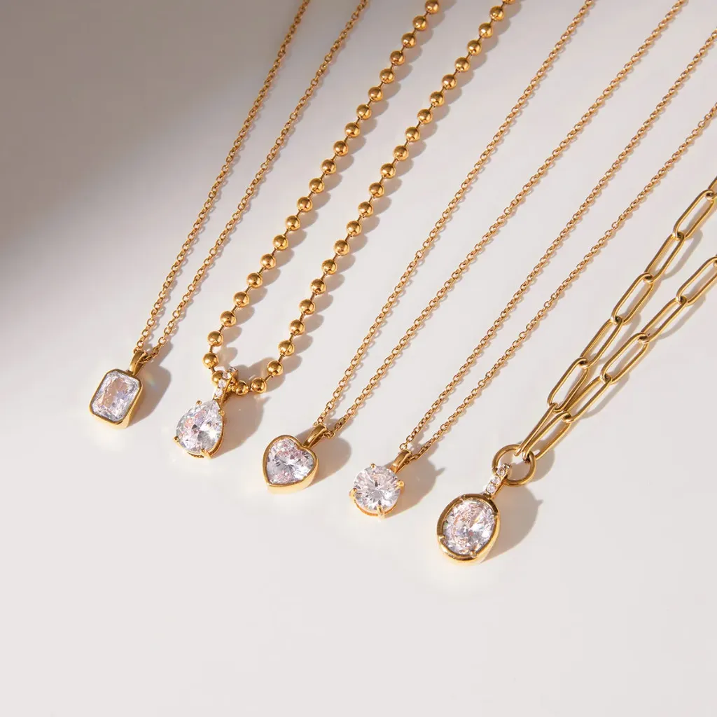 Women Fashion Pendant Necklace 18K Gold Dainty Delicate White Zircon Bead Chain Ring Pendant Necklace