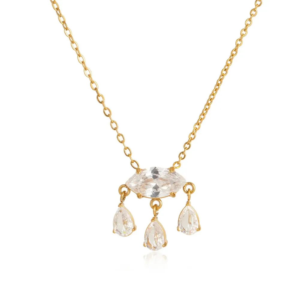 18K Gold Plated Stainless Steel Marquise and Pear White Zircon Chandelier Pendant Necklace for Women