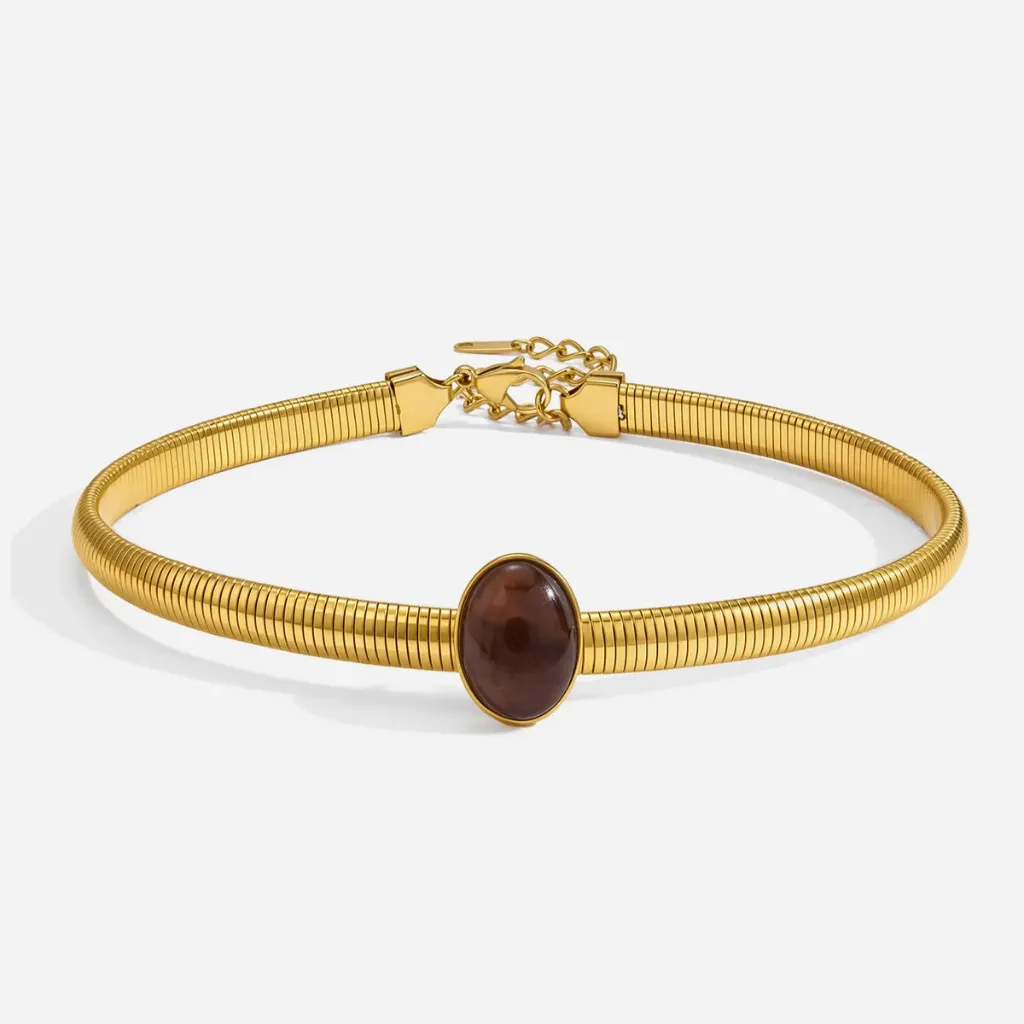 18K Gold Plated Stainless Steel Rigid Choker Vintage Oval Amber Resin Pendant Waterproof Necklace for Women