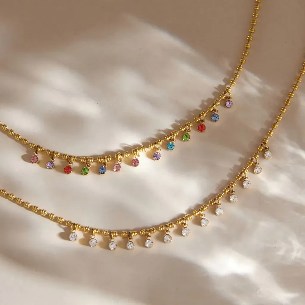 18K Gold Stainless Steel Waterproof Rainbow Colorful Zirconia Dangle Bead Chain Necklace for Women Gift