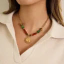 Crafted Celestial Necklace Gold Plated Tiger Eye Sun Moon Pendant with Wood and Resin Accents Boho Natural Jewelry