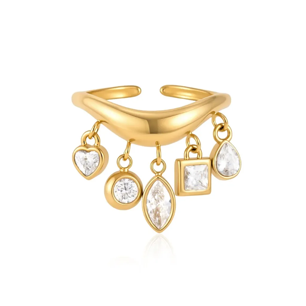CZ Ring 18K Gold Plated Stainless Steel Delicate Geometric White Zircon Tassel Wave Open Ring