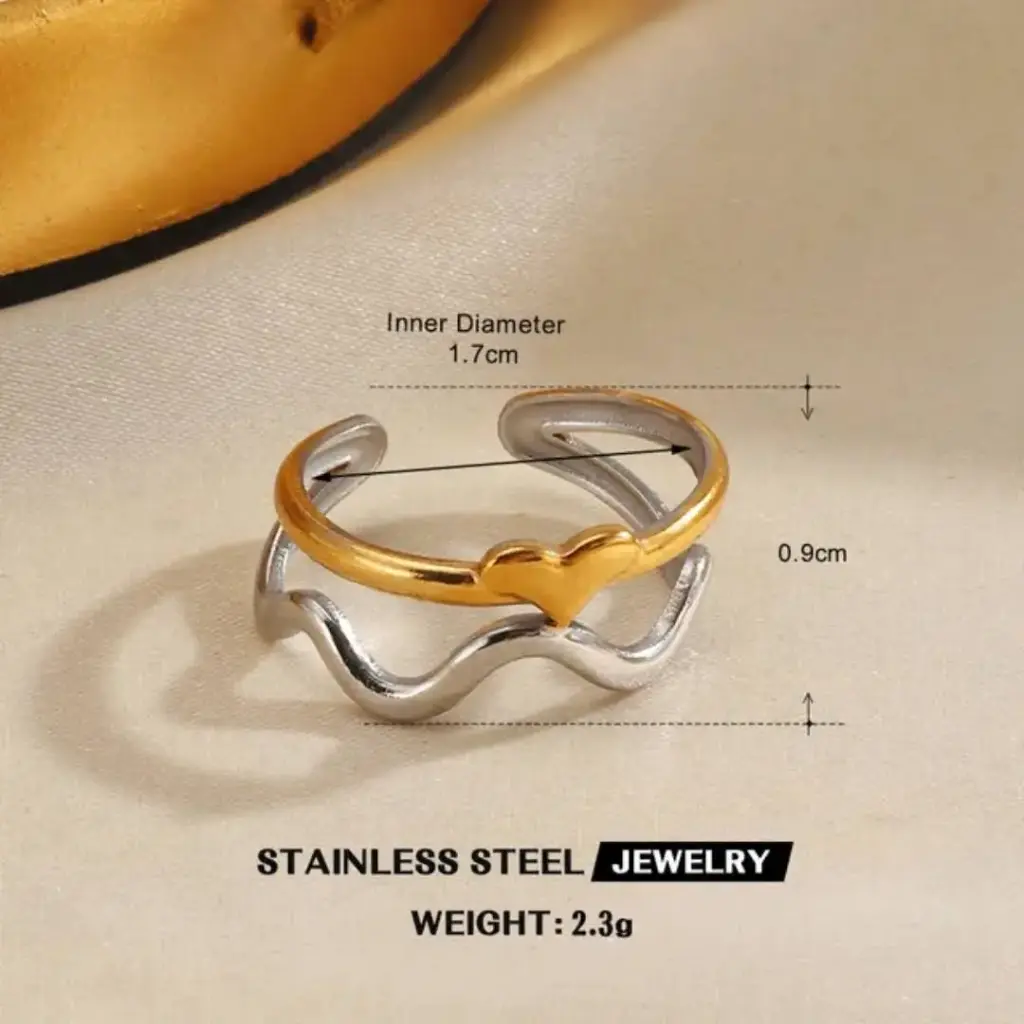 [R0027] Dual Metal Heart and Wavy Adjustable Ring