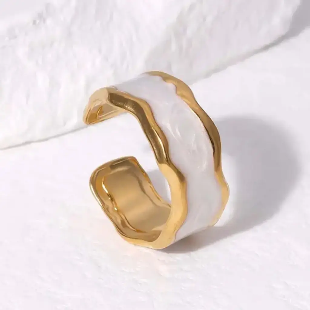 White Enamel Gold plated Adjustable Ring