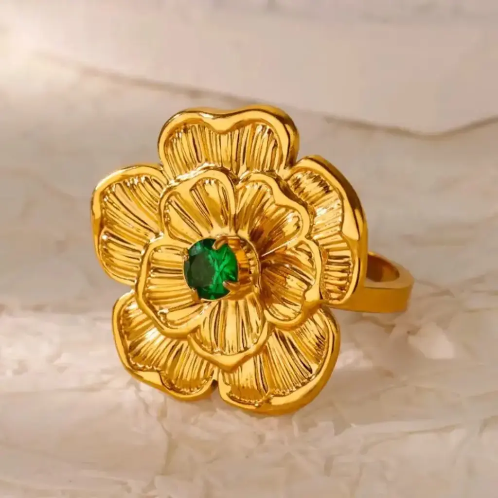 Flower - Green Zircon Adjustable Ring Stainless Steel