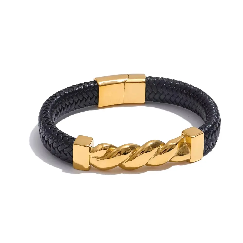Twisted Detailing Leather Band - 316L SS & 18k Gold PVD plated Men Bracelet