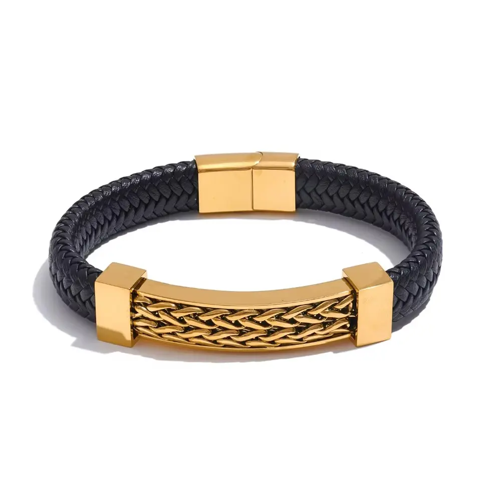 [MB0006] Gold & Leather Magnetic Clasp Men Bracelet 316L SS & 18k Gold PVD plated