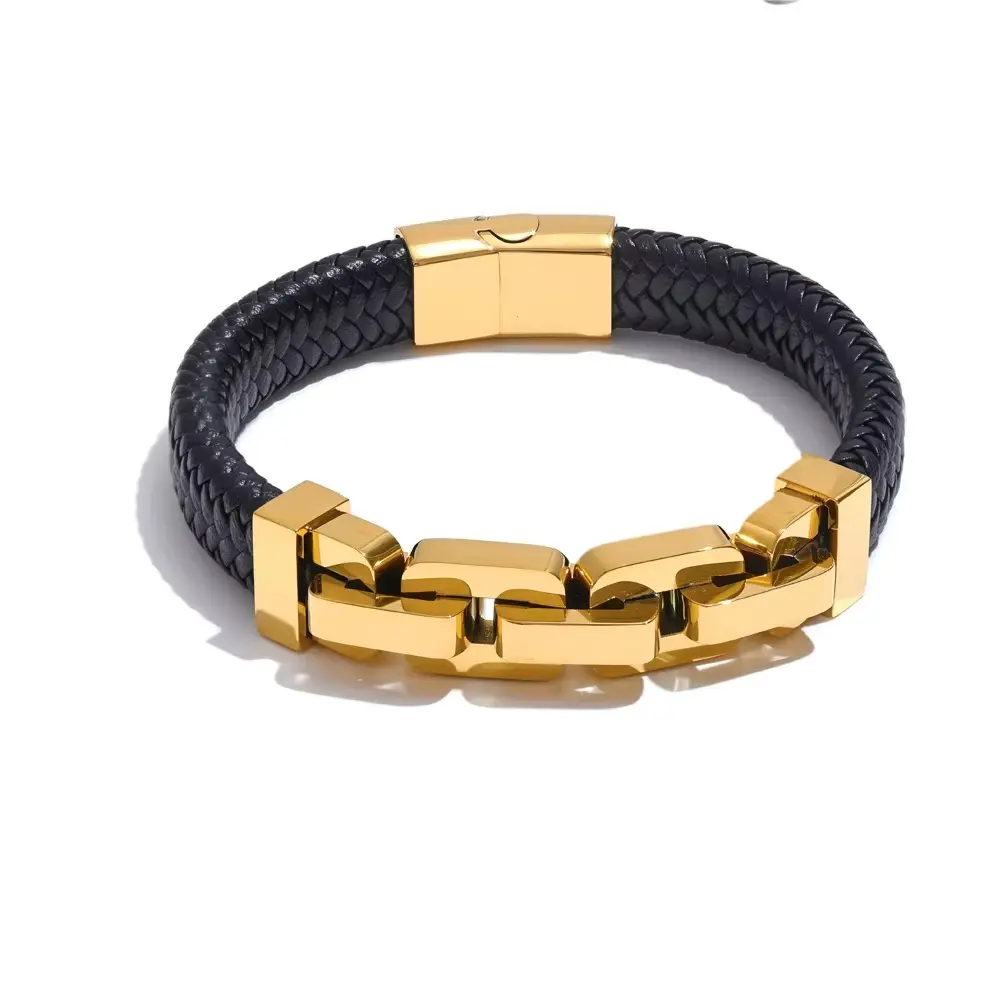[MB0010] Bulk Chain Detailing Leather Men Bracelet 316L SS & 18k Gold PVD plated
