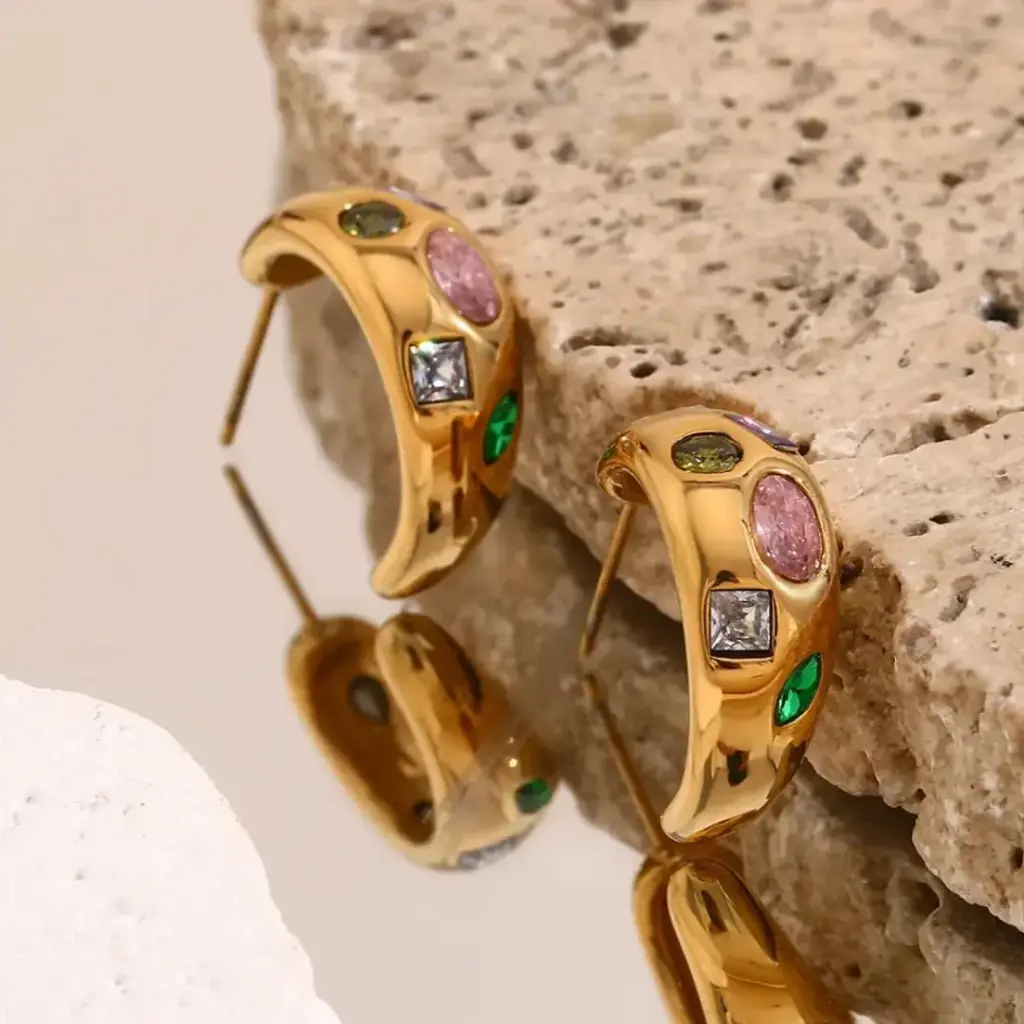 Colorful Zircon Jewelry Crescent Stud Earrings 18k Gold Plated