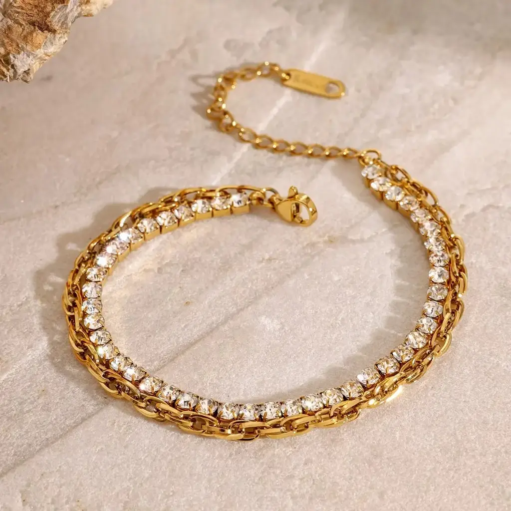Dainty Jewelry 18k Gold Plated Stainless Steel Double Layer Rhinestones Claw Chains Layered Bracelet