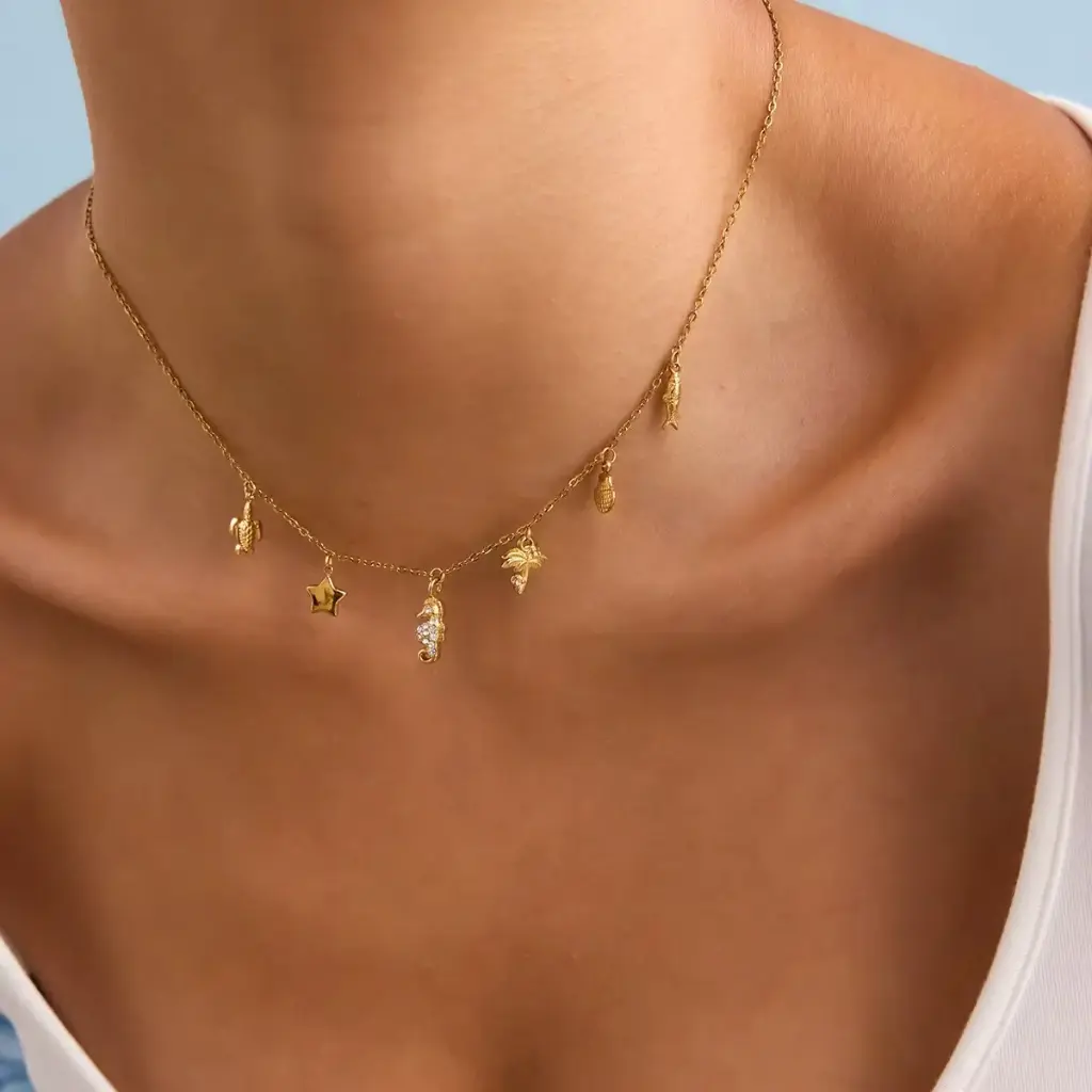 Ocean Jewelry 18K Gold PVD Charm Necklace Bracelet Crystal Starfish Coastal Stackable Jewelry