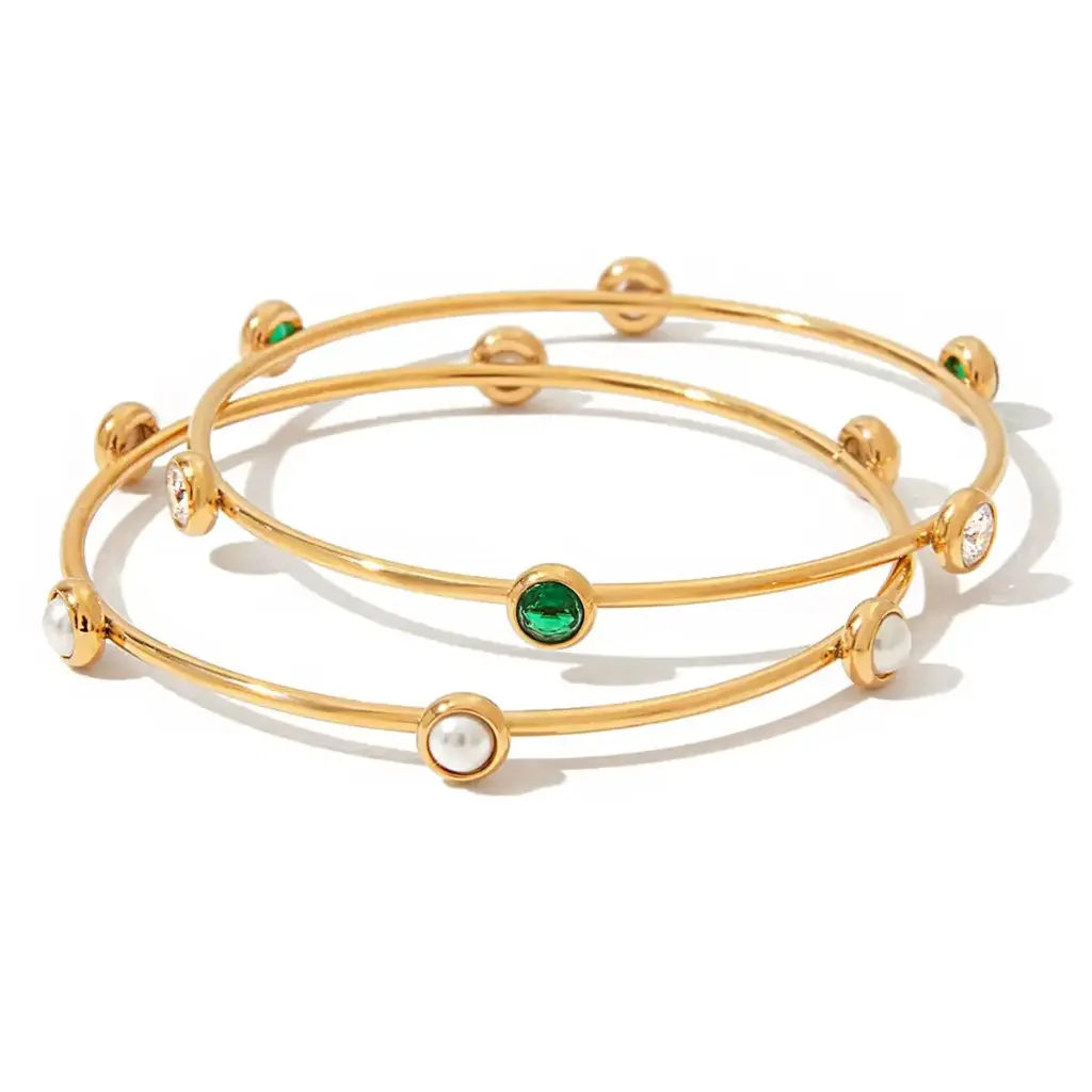 18K Gold Plated Glow Pearl Cluster Bracelet with Glass Pearl Emerald Icy Zircon Party Stackable Jewelry