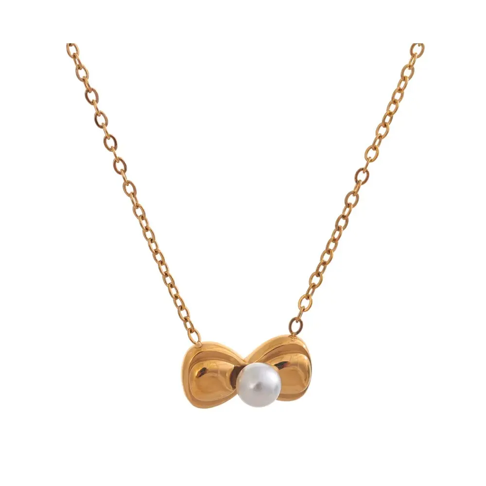 [N0006] Bow & Pearl Necklace SS & 18k Gold plated
