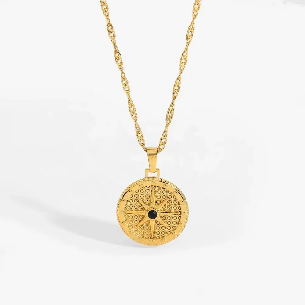 Round Octagon Signet Black Diamond Necklace SS & 18k Gold plated