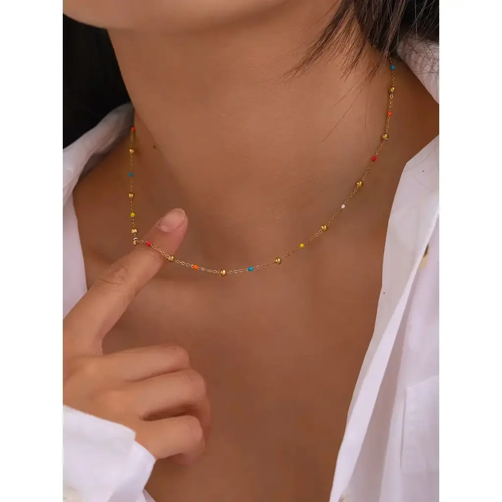 [N0014] Minimalist Colorful Enamel Bead Chain Necklace 14k Gold plated