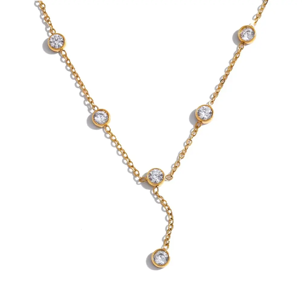 [N0025] Exquisite Bling Cubic Zircon Y-Shape Chic Delicate Stainless Steel Necklace