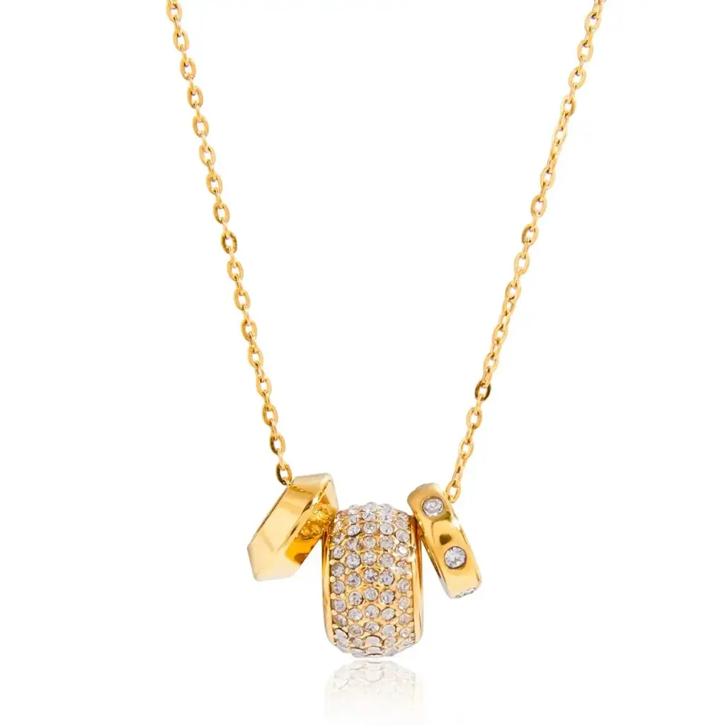 18K Gold Plated Stainless Steel Necklace Classic Rhinestone Smooth Spacer Beads Pendant Necklace