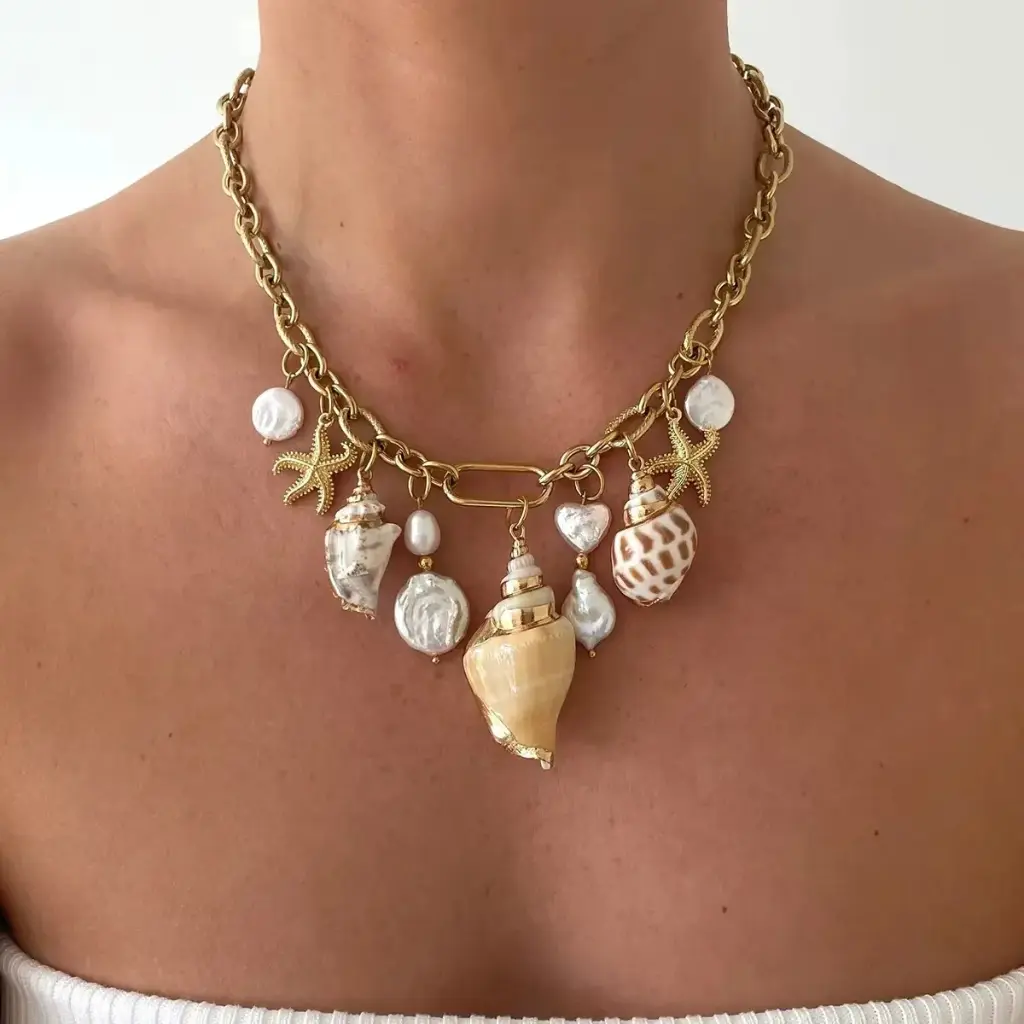 Ocean PVD 18K Gold Plating Stainless Steel Various Conch Imitation Pearl Starfish Charms Necklace