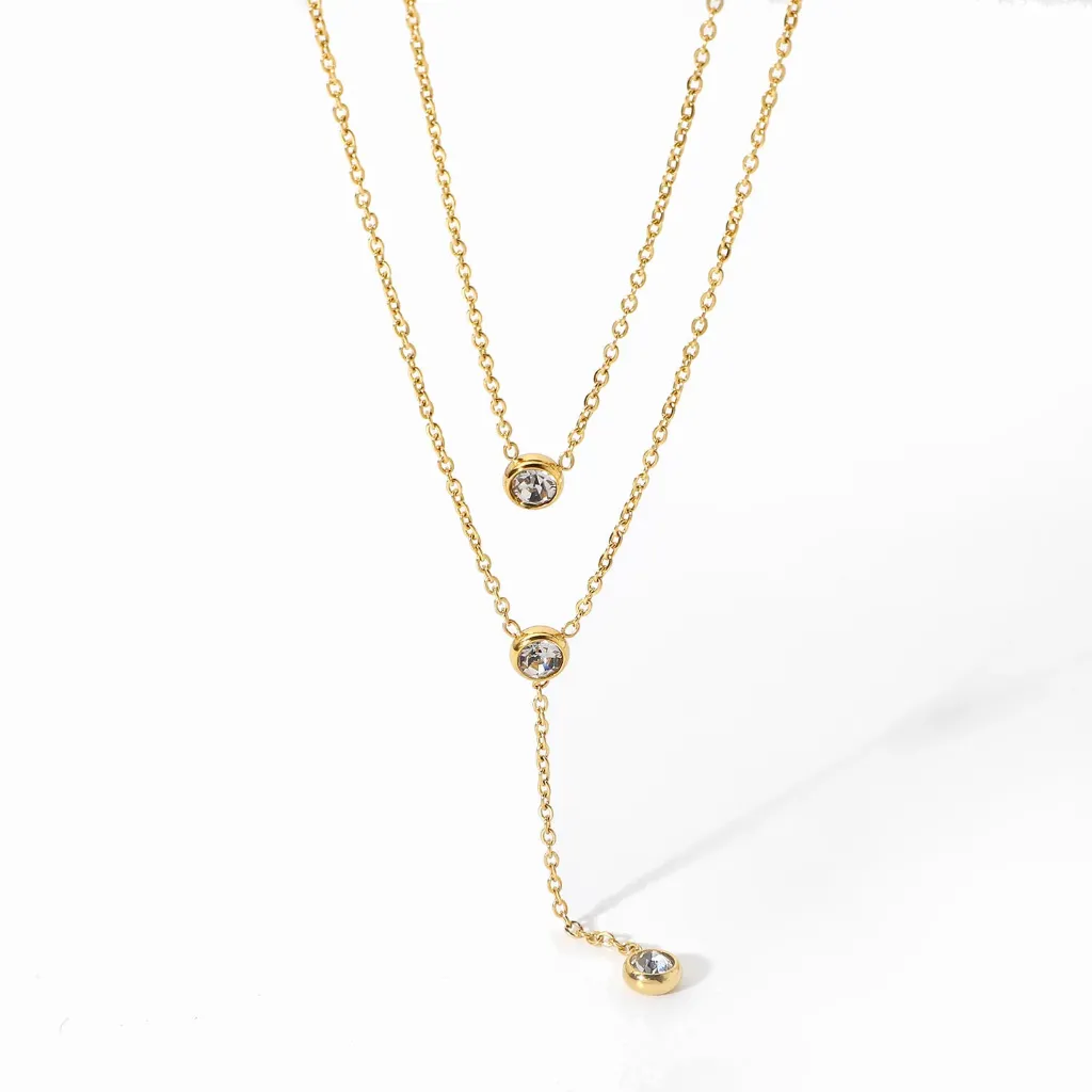 [VEN20650] 18K Gold Stainless Steel Y Shaped Dainty Chain Double Layer Shiny Cubic Zirconia Lariat Necklaces