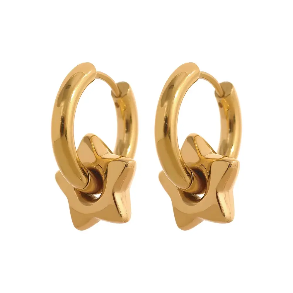 [E00012-3] Charm Stainless Steel Moon Star Heart Pendant Hoop Earrings 18k Gold Plated Waterproof (Star)