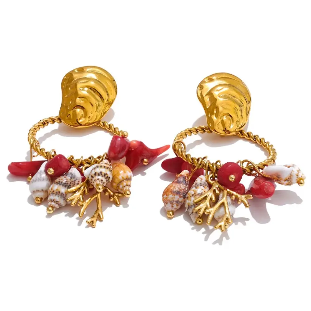 Coral & Shell Drop Earrings Handmade Stainless Steel Pendant Earrings Beach Jewelry