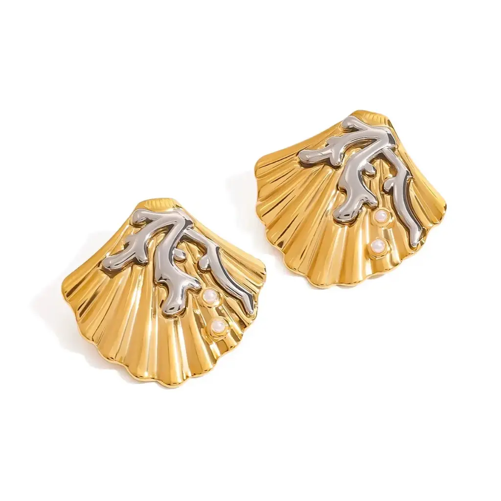Shell Pearl Coral Mixed Metal Stud Earrings
