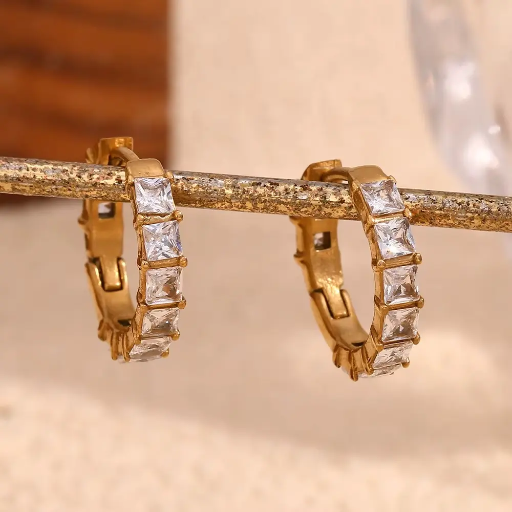 Baguette Zircon Huggies Earrings 18k Gold Plated