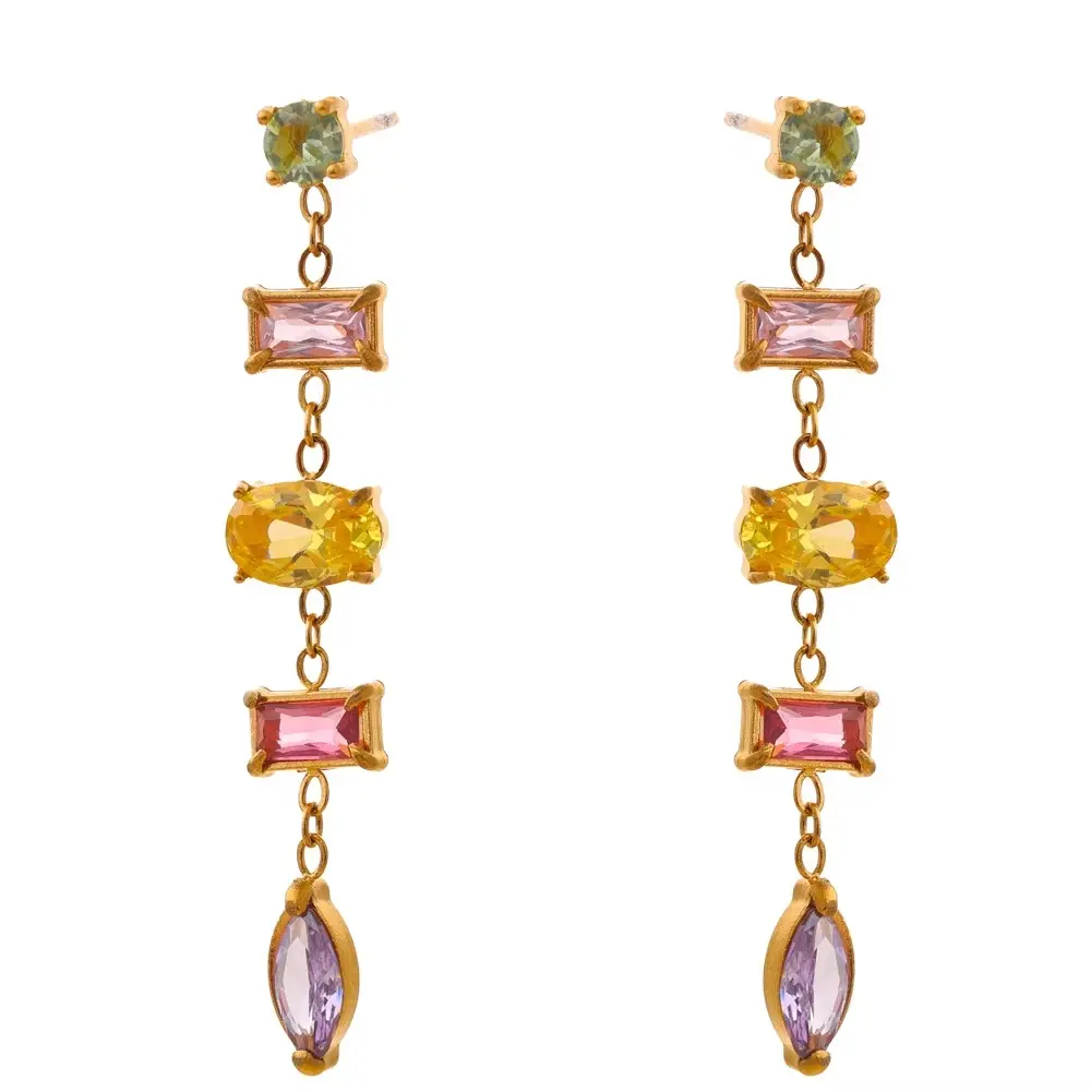Colorful Zirconia Stainless Steel Chain Zircon Drop Earrings for Women
