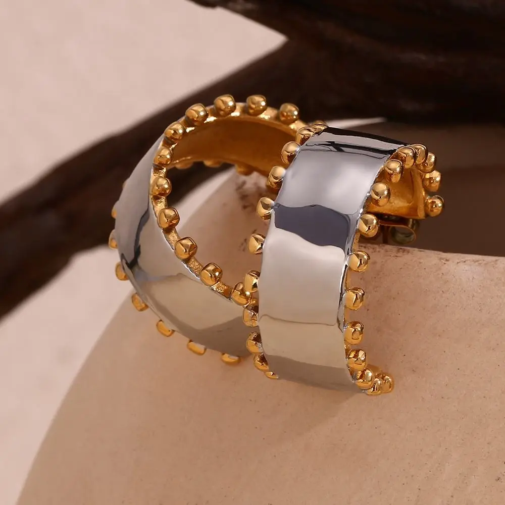 Stainless Steel 18K Gold Plated Bead Edge Smooth Earrings for Women